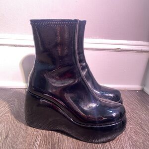 Jeffrey Campbell Glossy Black Platform Wedge Mid Rise Boots